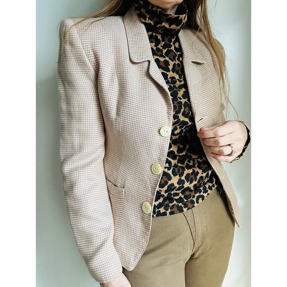 90s Vintage Blazer Tailored Size Small Tan and Pink houndstooth Print ESprit - Picture 5 of 10